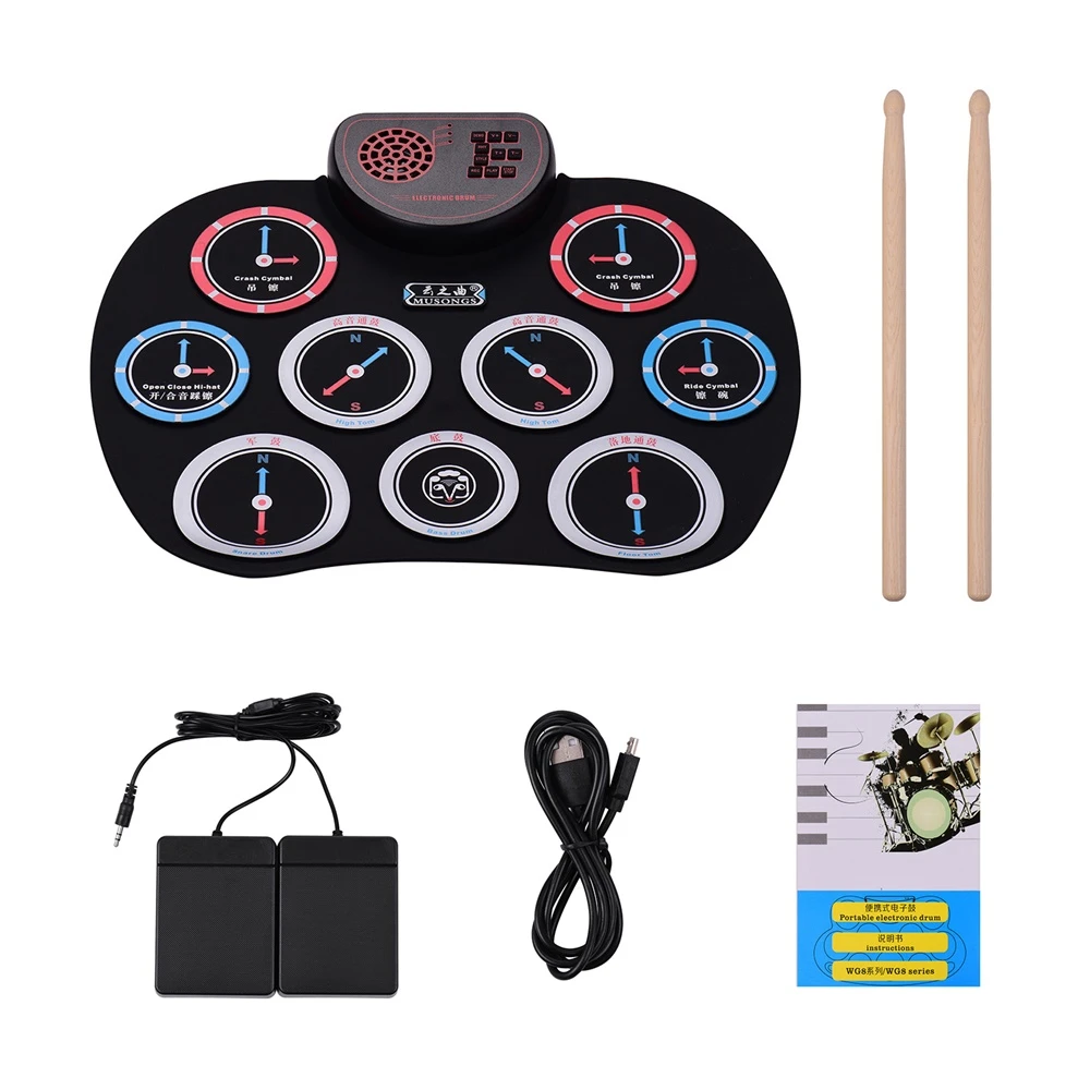 Silicone Hand Roll Up Built-in Speaker USB Electric Drum Set Practise Musical Drums Sets Kids