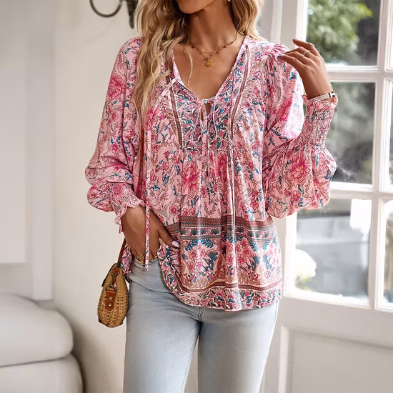 2025 European and American Womens Blouse Temperament V-Neck Long Sleeved Top