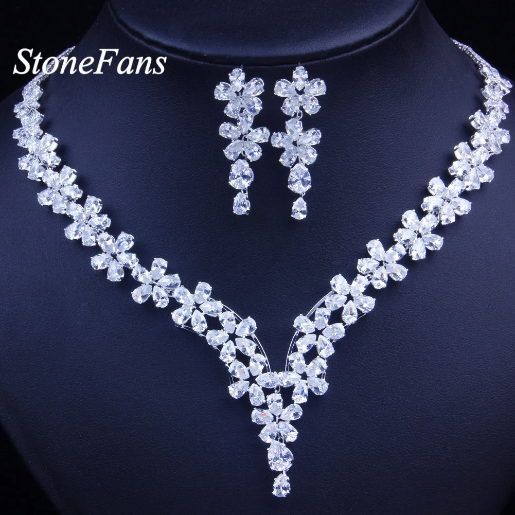 StoneFans Newest Luxury Sparking Flower Brilliant Cubic Zircon Clear Necklace Earrings Wedding Bridal Jewelry Sets Bride Gifts