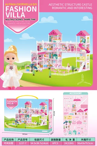 Wholesale Hot-selling Plastic Furniture Toys for girls Fashion Villa Doll House Pink Girl Dream with 10 rooms and 2 princess