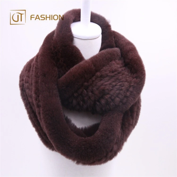 Wholesale Jtfur Winter Women Warm Rex Rabbit Fur Shawl fur scarf dyed Knitted Real Fur Scarf