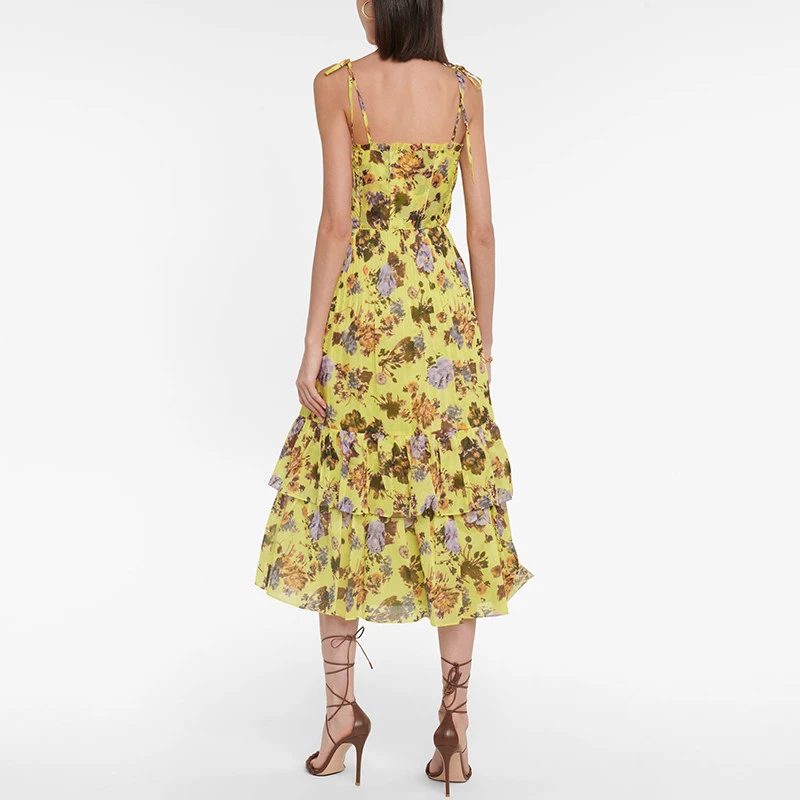 wholesale Manufacturer directly sale lady floral print cotton blend voile midi dress lined adjustable shoulder strap square-neck