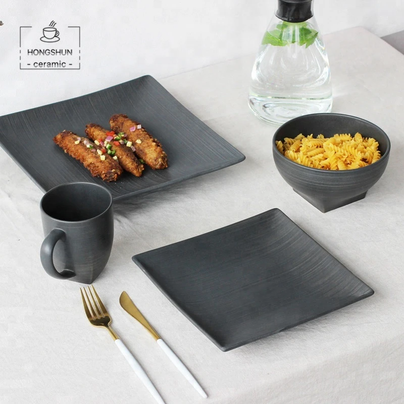 Wholesale nordic western creative simple square plate grey stoneware restaurant steak plate ceramic dinnerware set