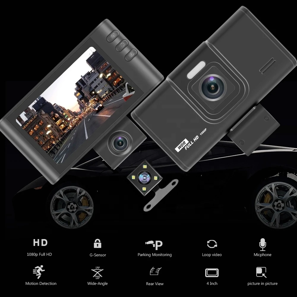 Yikoo Car DVR 3 Cameras Lens 4.0 Dash Cam Dual Lens With Rearview Auto Video Recorder Registrator Dvrs G-sensor Night Version