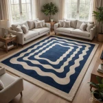 Modern Abstract Blue White Area Rug | Handmade Tufted Living Room Carpet | Contemporary Wave Design Rug