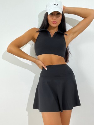 Sleeveless Lapel Tank Top Solid Color Slim Fit Yoga Top And Skirt