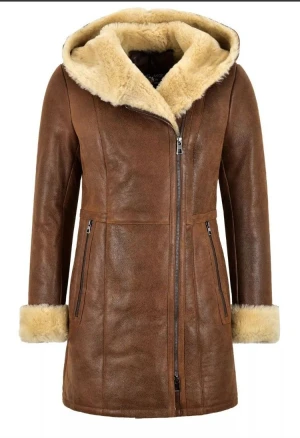 Women’s Premium Shearling Hooded Coat – Genuine Leather Winter Parka with Faux Fur Lining