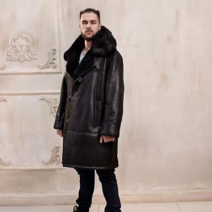 Sheepskin Long Coat For Men With Black Fur, Army Genuine Winter Coat High Quality Long Coat, Handmade
