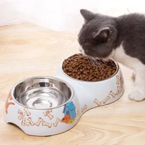 Non-slip bottom with stainless steel inner bowl dog bowl Imitation Porcelain Printing Two-in-One Pet Double Bowl
