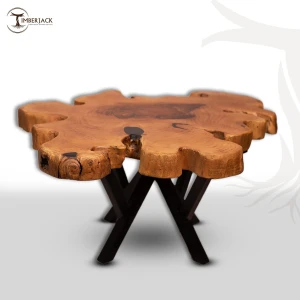 The table is artistically designed in the shape of a flower made from natural wood