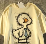 Women's Hand-Drawn Duck with Tie Print T-Shirt, Casual Loose Fit Short Sleeve Tee