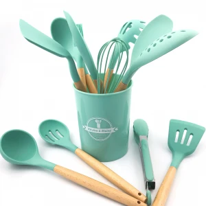 12 Pieces In 1 Set Kitchen Gadgets Tools Stand Kitchenware Spatula Silicone Cooking Utensils Set With Wooden Handles