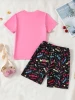 2-Piece Girls Cartoon Milk Tea Print Summer Loungewear Cozy Short Sleeve Crew Neck T-shirt Top Shorts Set Breathable Easy-Care