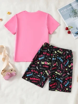 2-Piece Girls Cartoon Milk Tea Print Summer Loungewear Cozy Short Sleeve Crew Neck T-shirt Top Shorts Set Breathable Easy-Care