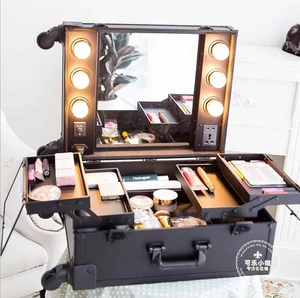 2015 New Arrival Factory Makeup Travel Outdoor Suitcase Makeup Box Cosmetics Box With LED Lamp Bulb Strip