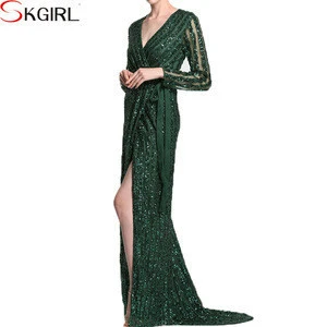 2017 Boutique quality green long sleeve deep v neck luxury sequin maxi evening dresses for women sexy party night
