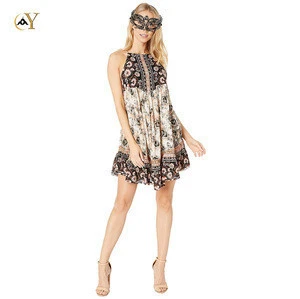 2019 Boho Clothing Women Ethnic Dresses Backless Halter Boho Dress Mini with Vintage Pattern for Girls Beach Vocation Dress