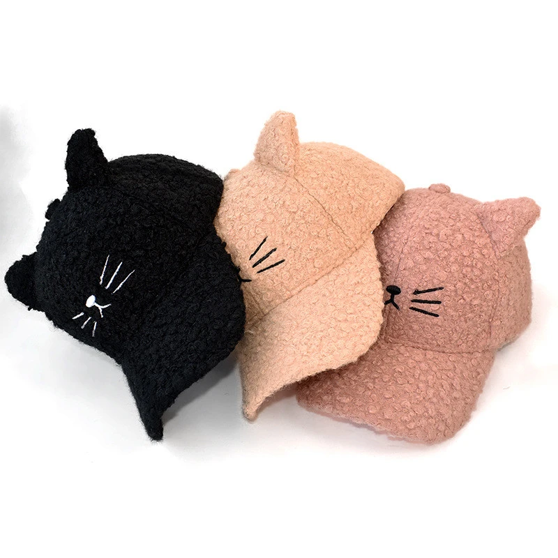 2021 New Style Cat Ear Fake Wool Baseball Hats For Children High Quality Winter Spring Outdoor Peaked Caps