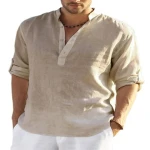 2023 Mens linen long-sleeved T-shirt loose undershirt solid color long-sleeved cotton and linen shirt mens large size ready st