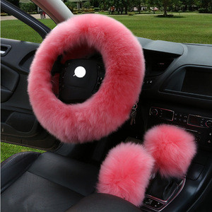 3pcs/set Wool Sheepskin Winter Warm Car Softcover Long Fur Plush Steering Wheel Cover