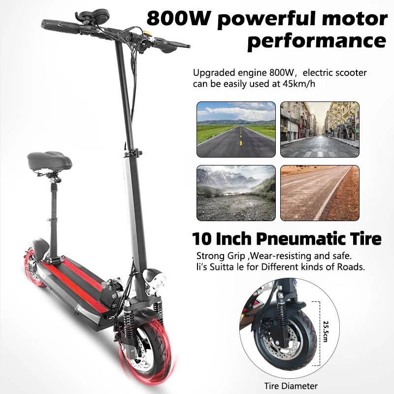 48V 800W Electric Scooter 26A Lithium Battery 45KM/H 70KM 10 Inch Tire Two Wheel with Seat Folding Kick Scooter for Adult