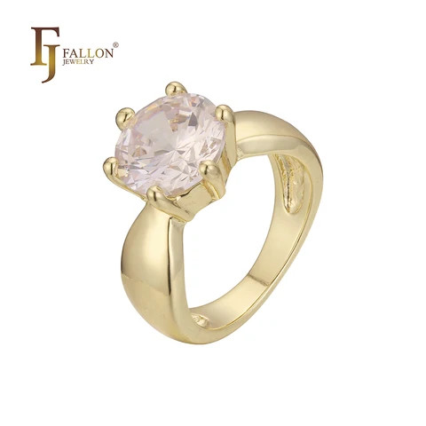 53200650 FJ Fallon Fashion Jewelry Solitaire Big Round Stone Wide Engagement Rings Plated In 14K Gold Brass Based