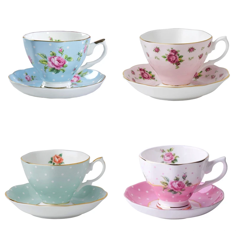 8oz Wholesale Rose Porcelain Coffee Tea Cups and Saucers Sets with 13 Different Colors
