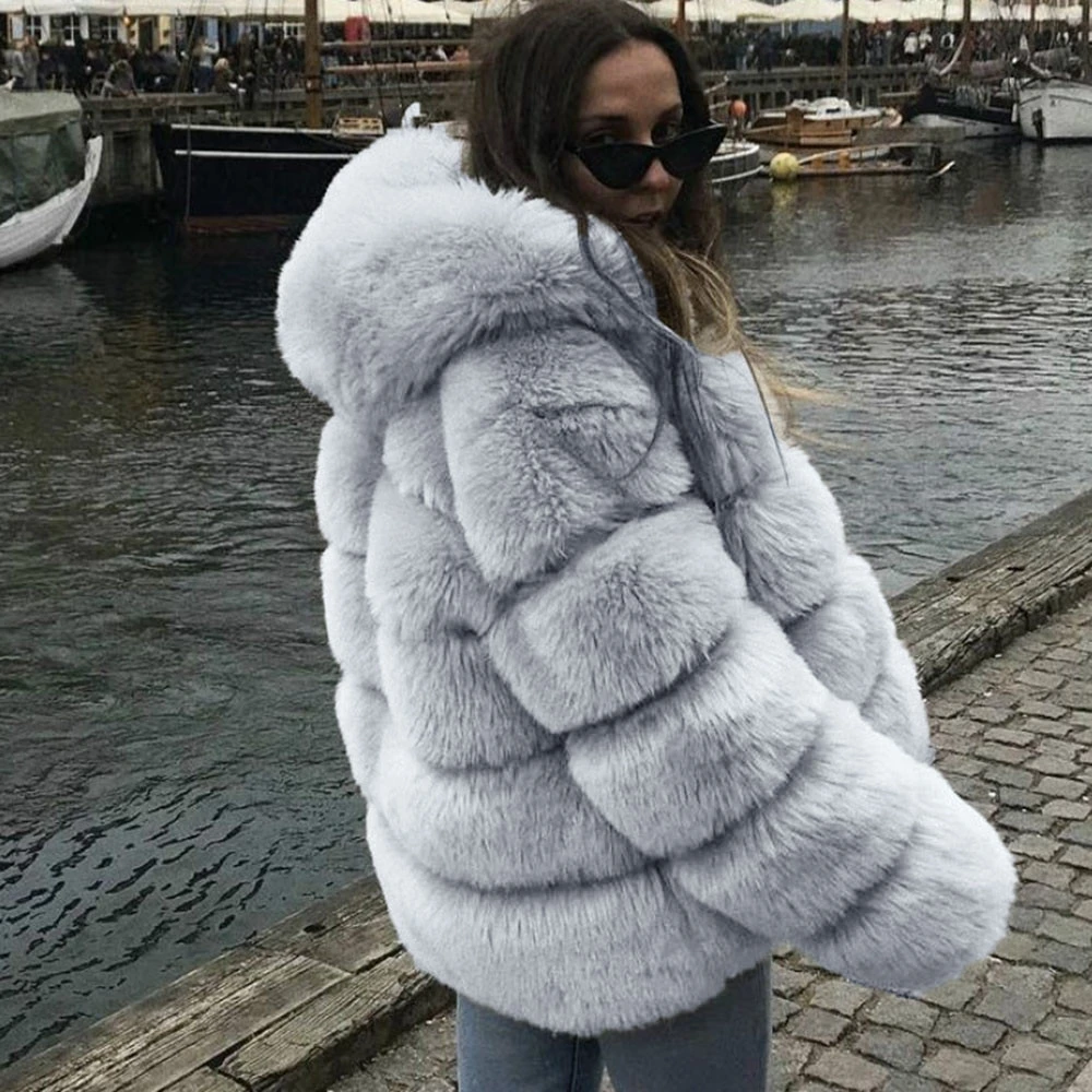 Amazon hot sale winter Thicken warm faux fox fur hoodie Outerwear jacket quilted thicken overcoat Fluffy ladies women coat