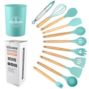 amazon hot selling new kitchen accessories gadget gadgets tool11 pcs wooden handle silicone cooking utensil set