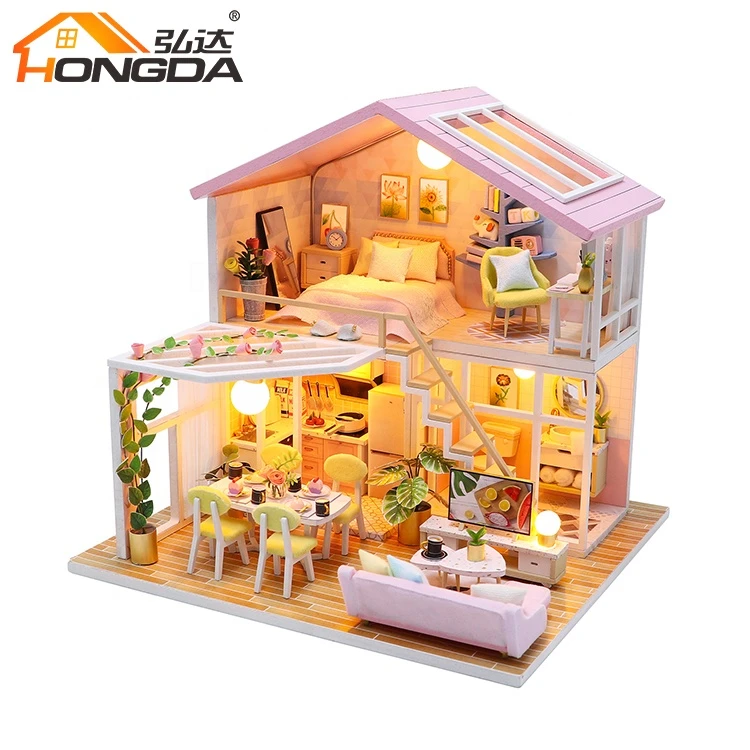 Assemble wooden craft miniature doll house with furniture wooden toy