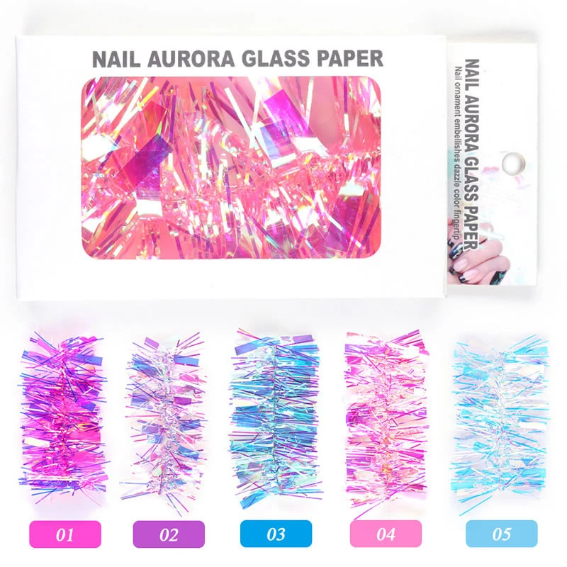 Aurora Glass Film Paper Foil Decals 3D Laser Strip Nail Decoration Nail Art Broken Glass Holographic Paper Sticker