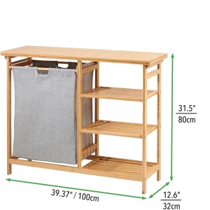 Bamboo Laundry station-furniture storage system with hamper,3 open shelves to organize Detergent and Liquid Fabric Softener.