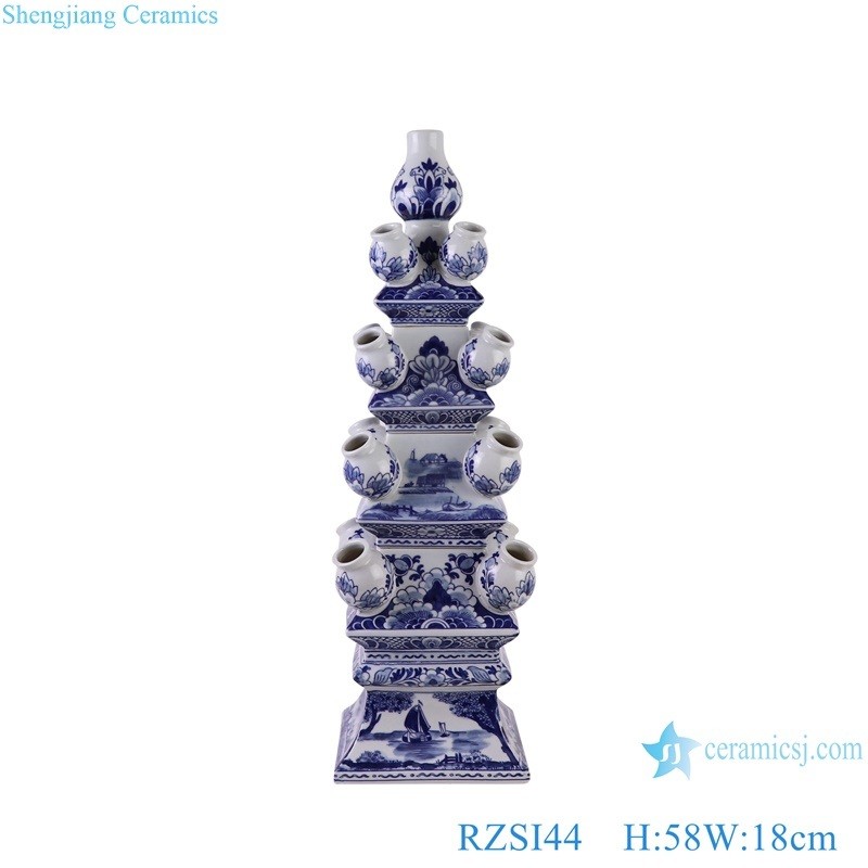 Blue and White Porcelain Landscape Pattern Pagoda Flower Vase for MID Century Home Decor Form Tulipieres