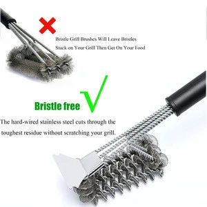 Bristle Free Barbecue Cleaner 18 inch Stainless Steel Triple Head Scrubber Clean Brush Grill Brush BBQ Tool