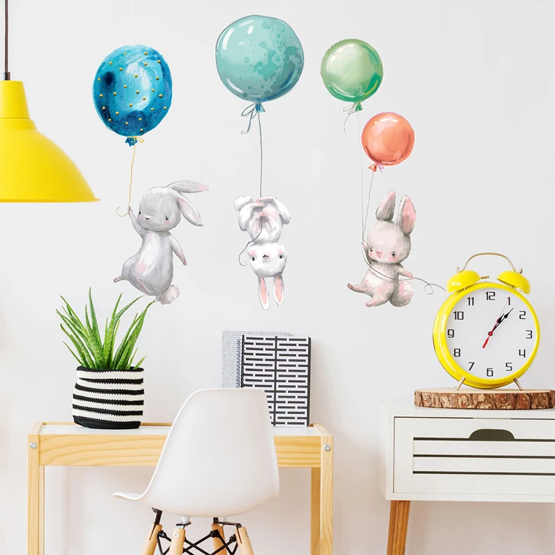 Cartoon Rabbit Colorful Balloons Wall Stickers Self Adhesive Kids Bedroom Wallpaper Removable Living Room Wall Decals