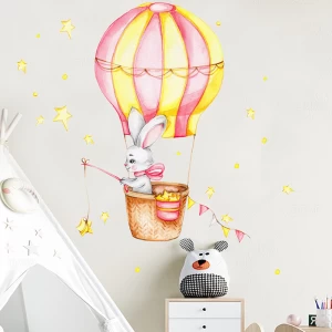 Cartoon Rabbit Stickers Hot Air Balloons Stars Decals Hot Sale Kids Room Decorative Wall Murals