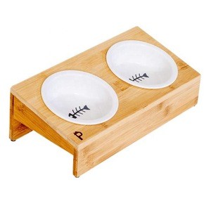 Ceramic Pet feeder Bowls with Bamboo Table for your dog and Cat, Ceramic cat feeder bowls set with bamboo stand