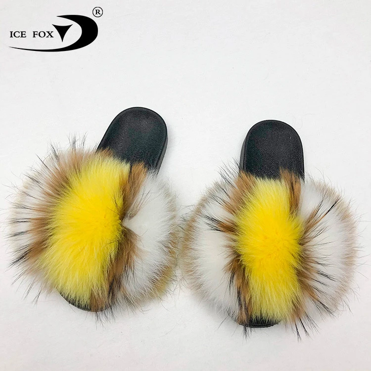 China Wholesale Luxury Raccoon Fox Fur Sandals Ladies Indoor Outdoor Fluffy Slippers Wholesale Big Fur Slides