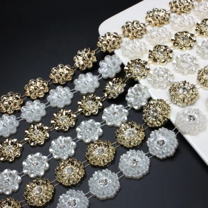 Chinese supplier rhinestone chain trim elegant pearl rhinestone chain belt artificial white pearl rhinestone chain