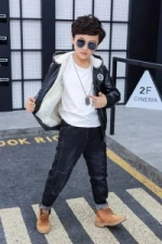 Chonghan New Children Fashion Handsome PU Coat Black Leather Baby Jacket For Boy