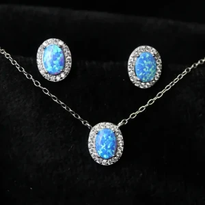 Customized Oval Blue Japanese Opal Jewelry Rhodium Plated Cubic Zirconia Earrings Necklace 925 Sterling Silver Fine Jewelry Sets
