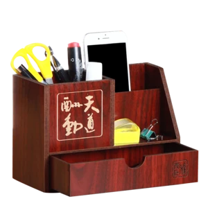 Desktop pen business name card holder remote control storage organizer wooden desk organizer
