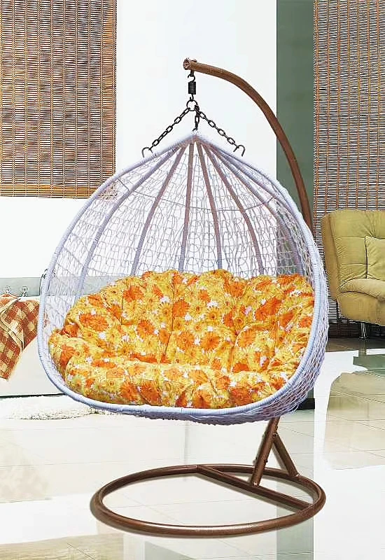 Double seat high quality swing chair outdoor egg hanging chair with cushion patio rattan basket chair with metal stand