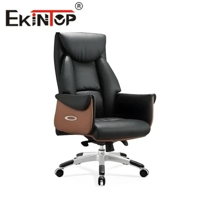 Ekintop Swivel Black Upholstered Wheels Real Genuine Leather Office Chair