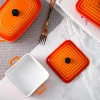 Exquisite square custom striped lid orange rectangle bread cake deep porcelain baking dish set with handles
