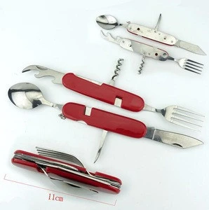 Factory promotion Multifunctional Stainless Steel Folding Portable outdoor tableware camping knife with plastic handle.