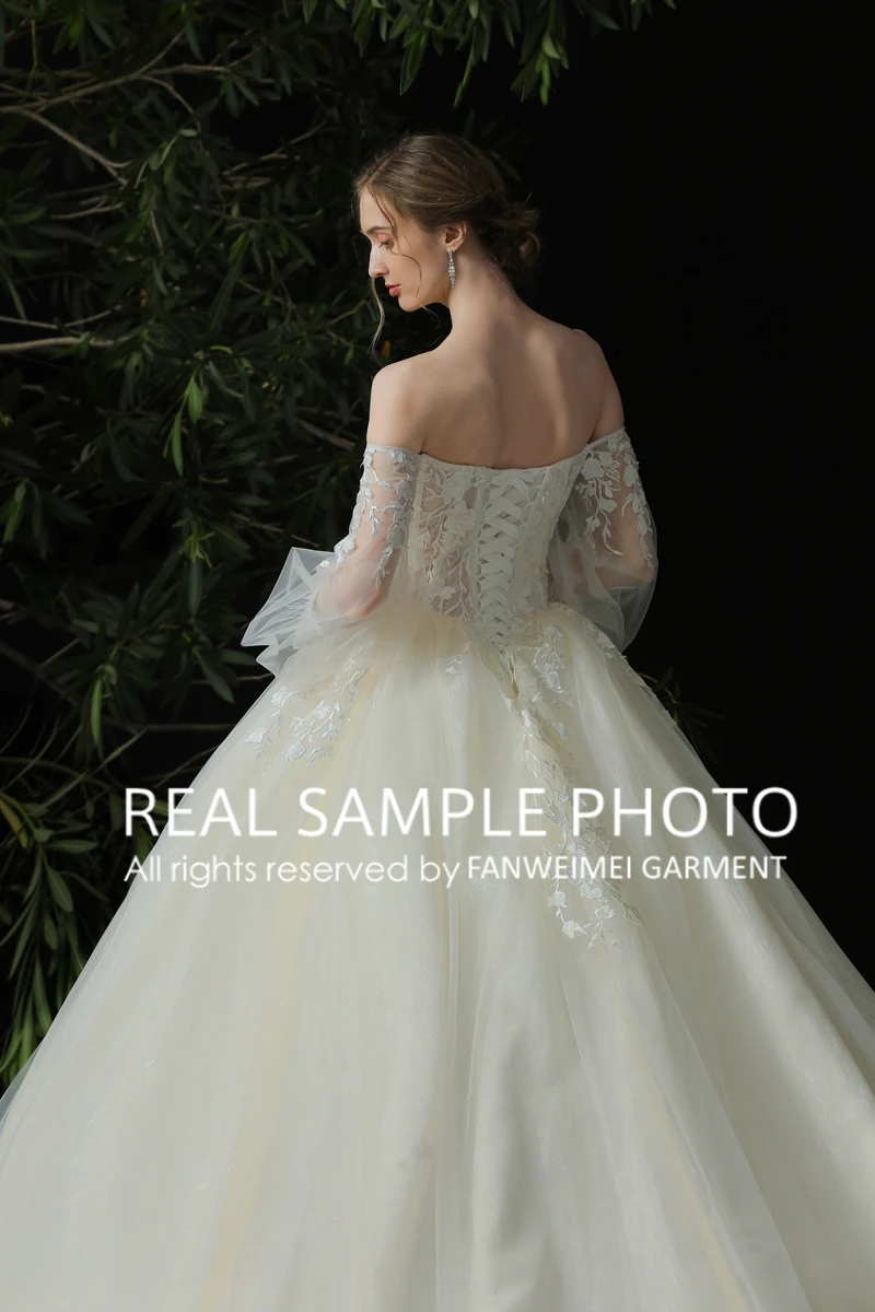 FANWEIMEI#5258 Off Shoulder Champagne Appliqued Lantern Off-Shoulder Sleeve Real Photo Ball Gown Wedding Dress Bridal Gown