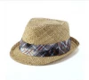 fashion plaid fabric decorated sun-protection straw hat on beach outdoor wholesale