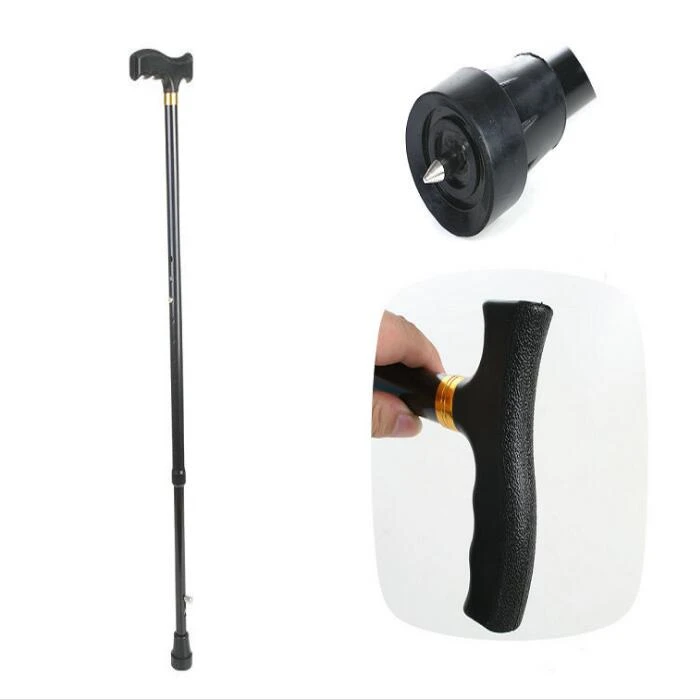 Foldable Walking Stick, Aluminum Alloy Adjustable Hiking Pole Elderly Blind Guide Cane Crutch with  silver anti-slip spikes