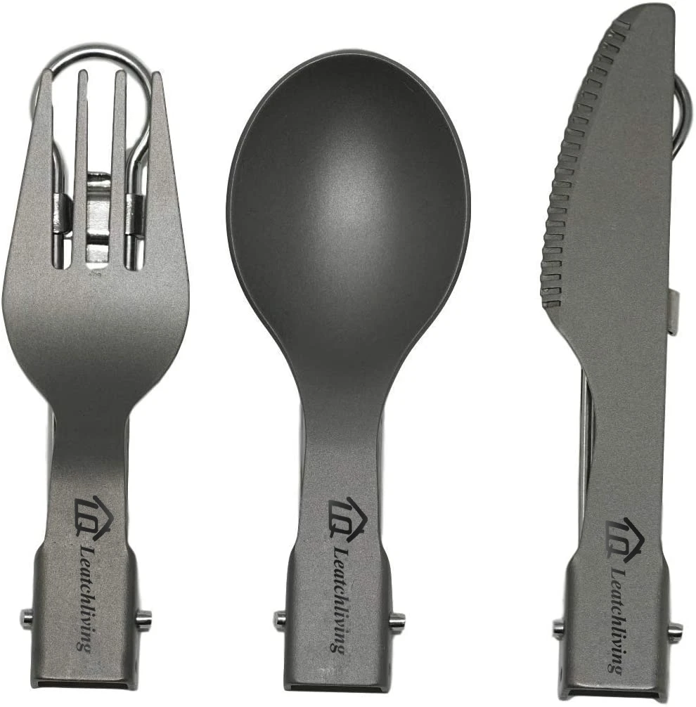 Folding Cutlery 3pcs Utensil Set for Camping Leatchliving Titanium